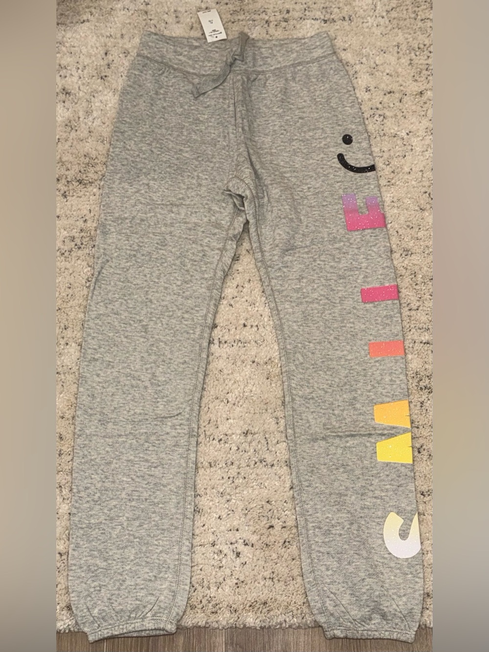 GapKids Girls XL 12 Gray Smile Graphic Jogger Sweatpants Rainbow Glitter NWT